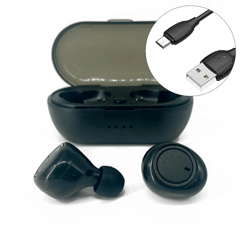 black wireless Bluetooth earbuds and charging case with USB cable