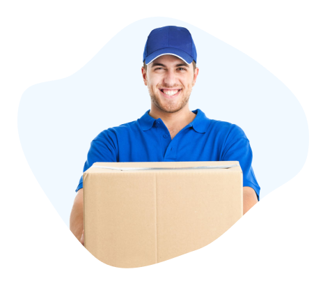 smiling delivery man holding a brown box
