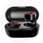 black and red wireless earbuds and charging case