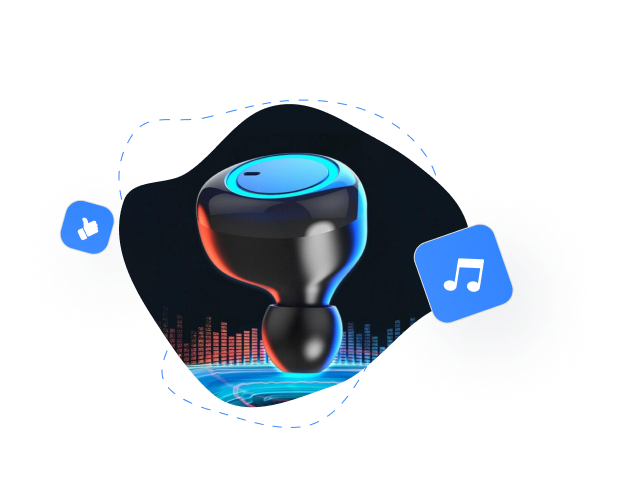 black wireless earbud with thumbs up and music symbol